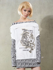 White Punk Off-Shoulder Cross Print Y2K Top with Buttoned Sleeves & Striped Accents