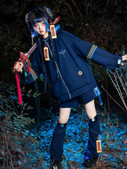 Cheongsam Goth Little Zombie Techwear Set: Navy Hooded Jacket, Shorts, Leg Warmers & Hairclips