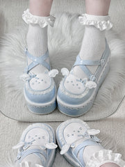 Tenshi Kaiwai Blue Round Toe Kitty Angel Heart Buckle Platform Lolita Shoes