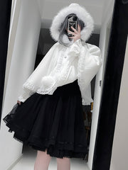 White Plush-Edged Hood Jirai Kei Cape with Lace Accents & Heart Shaped Buttons