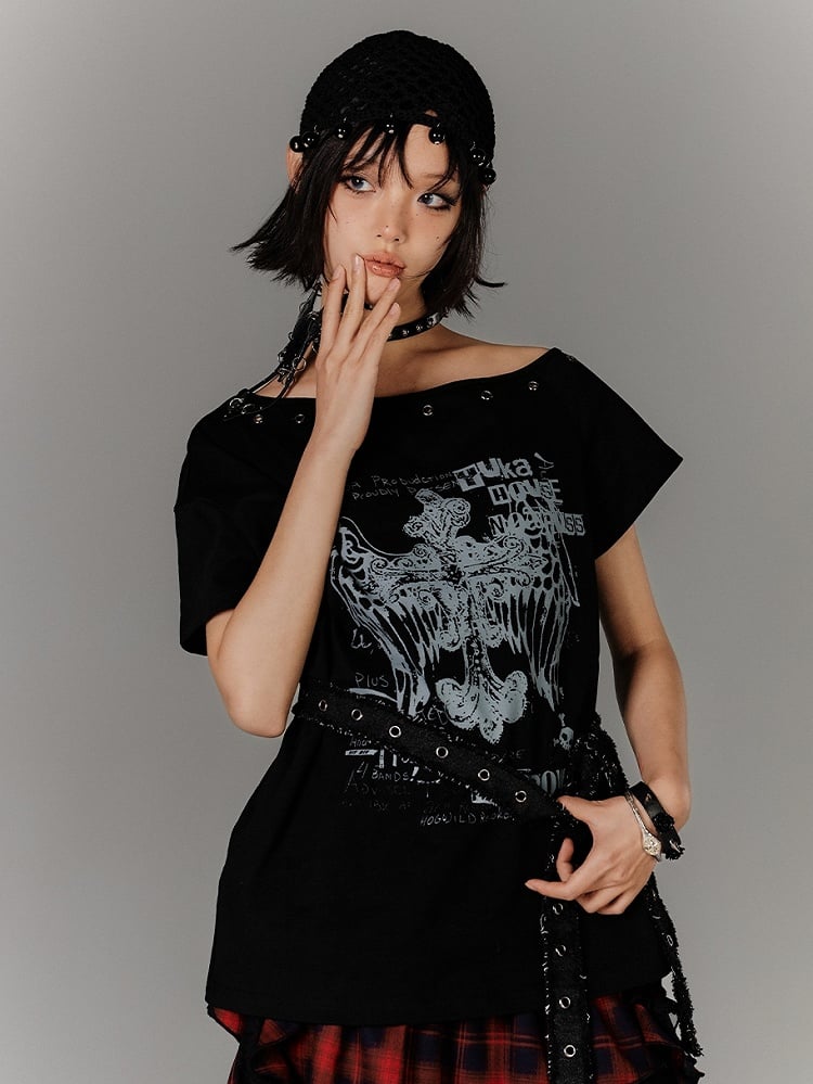 Y2K Black Cross Print Glamorous T-Shirt with Waist Belt