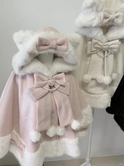 Kitty Ears Hooded Cape - Jirai Kei Pink Plush Wool Coat in Kawaii Style