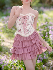 Lace-up Front and Back Floral Print Balletcore Boned Croset Top