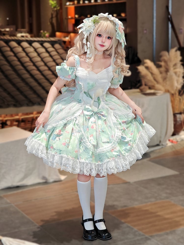 Tulip Print Green Off-Shoulder Elegant Lolita Dress with Drawsting Tulle Overlay