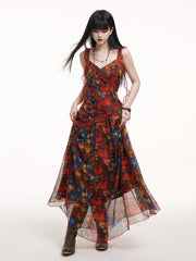 Red Floral Tie Dye Slip Dress with Plaid Ribbon Straps & Cascading Ruffles