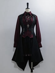 Wine Red Point Collar Pleated and Lace Detailing Placket Triangle Hemline Vampire Ouji Lolita Shirt