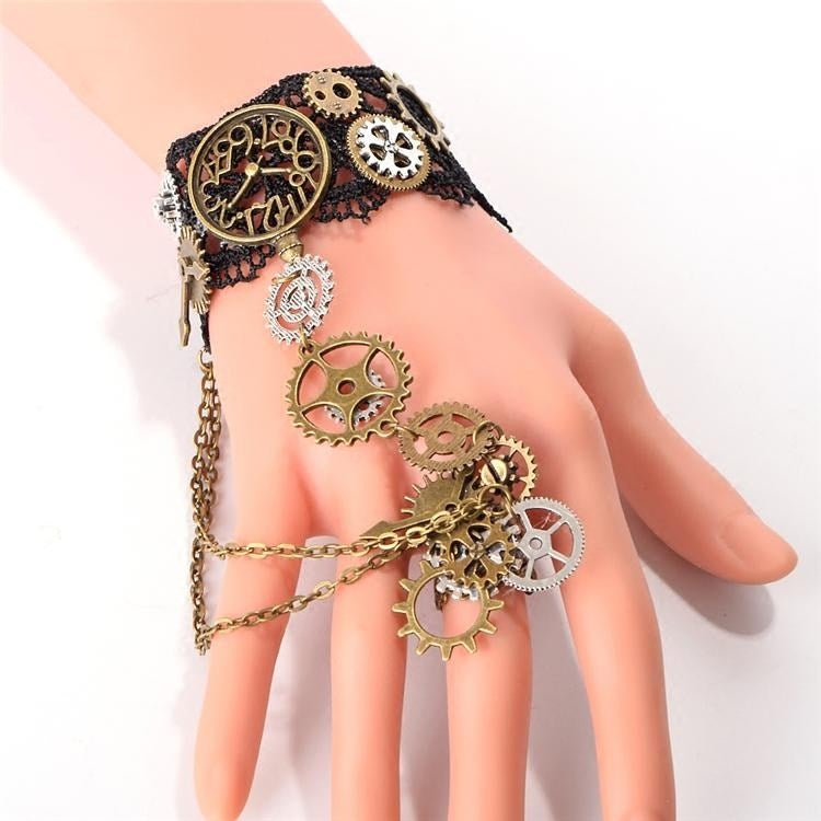 Steampunk  Lolita Vintage Clock Gear Finger Ring Bracelet