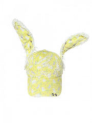 Yellow Kitty and Bunny Print Denim Bunny Ear Cap