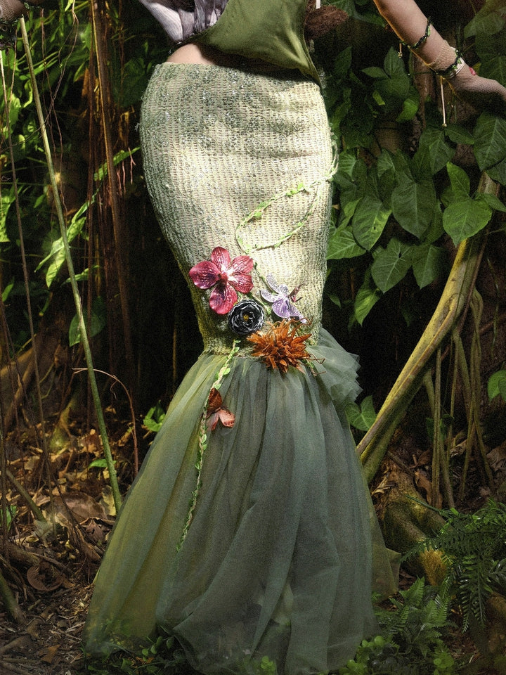 Butterfly and Floral Decorated Green Forest Fairy Goth Double Layers Tulle Hem Mermaid Skirt