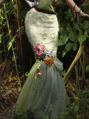 Butterfly and Floral Decorated Green Forest Fairy Goth Double Layers Tulle Hem Mermaid Skirt