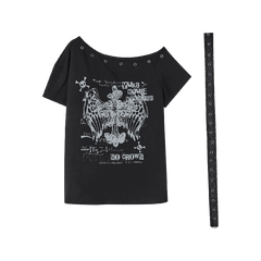Y2K Black Cross Print Glamorous T-Shirt with Waist Belt