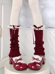 Wine Red Bow Ruffle Knitted Leg Warmers
