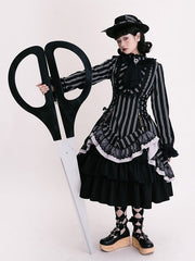 Black & White Striped Gothic Lolita Dress with Petite Ruffle Collar & Lace-Up Waist
