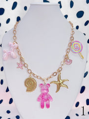 Golden Y2K Chain Necklace With Balloon Dog Bear Candy Starfish/Evil Eye Heart Charms