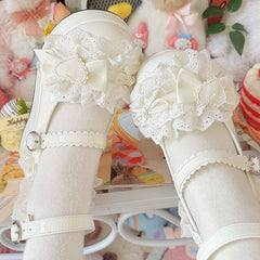 Sweet Lolita White Mary Janes with Bow Accents & Scalloped Hem Strap