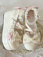White Sweet Lolita Platform Mary Janes - Cat Ear Accents with Bow Details, Heart Snap & Ruffle Trim