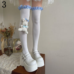 White Overknee Stockings with Blue and White Plaided Ruffle Trim/Plush Rabbit Leg Loop