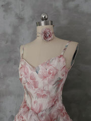 Pink Fairycore Magnolia Floral Print Vacation Dress V-neck Spaghetti Straps Dress