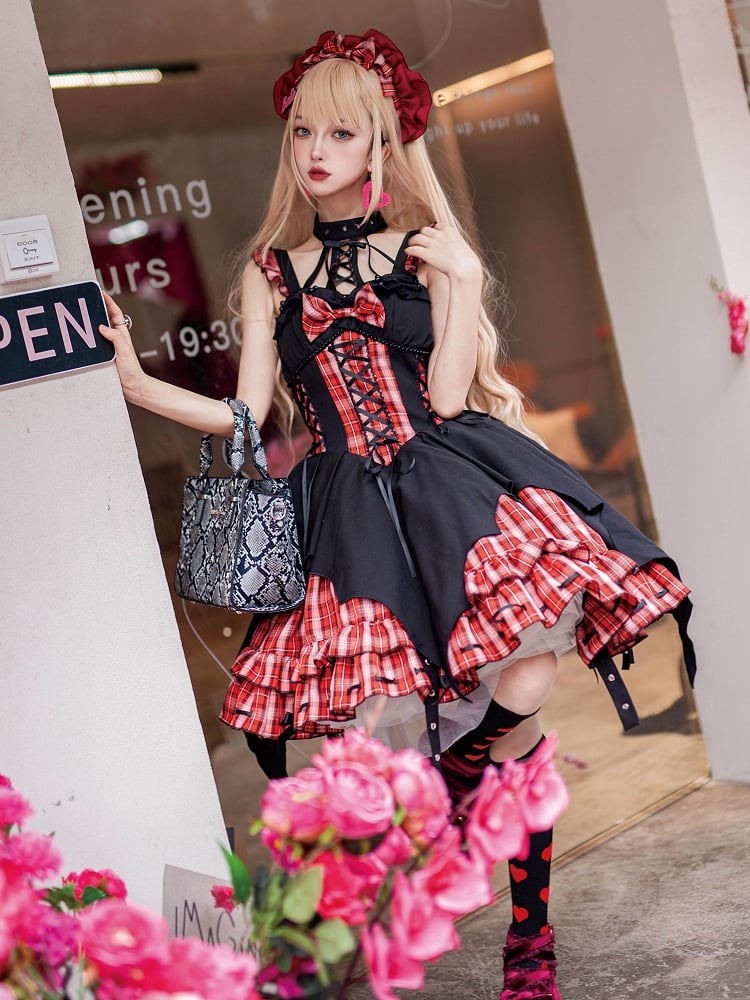 Black and Red Plaid Punk Dress Basque Waist Strappy Lolita Jumper Skirt
