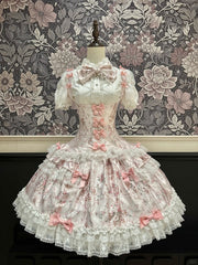 Pink Under Bust Boned Waist Elegant Classic Lolita Corset Top+Floral Print Lace Trimmed Skirt Set