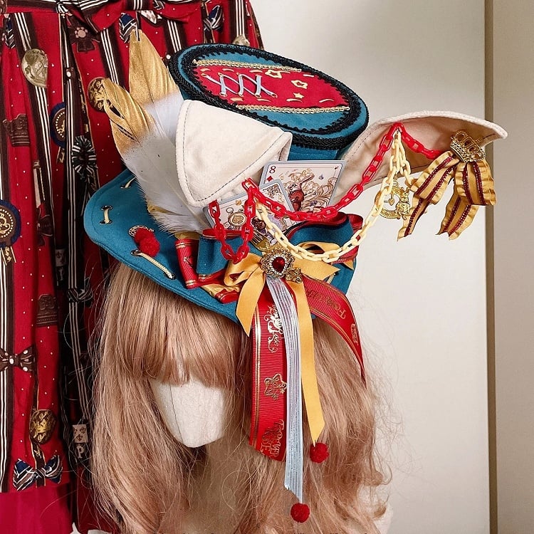 Blue&Red Circus Poker Decorated Big Bow Chain Decorated Bunny Ears Hat