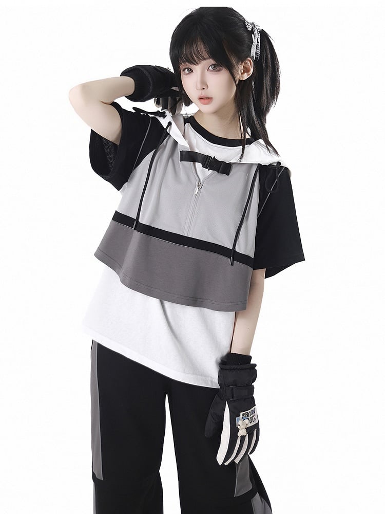 Gray Colorblock Design Techwear Hooded Cropped Vest