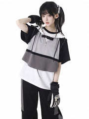 Gray Colorblock Design Techwear Hooded Cropped Vest