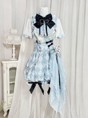 Alice in Wonderland Vibes Ouji Lolita Outfit - White Shirt + Blue Diamond Pattern Overall Shorts + Ribbon