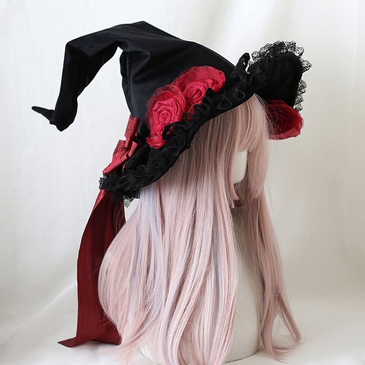 Red / Black Flowers Lace Trim Gothic Velvet Witch Hat