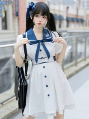 White Sailor Collar Academy Chiffon Dress with Puff Sleeves and Belt