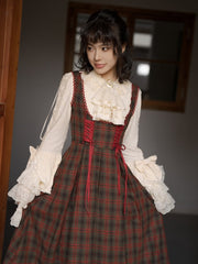Reddish Brown Plaid Elegant Classic Lolita Dress with Lace-Up Details