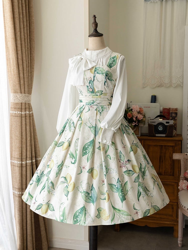 Yellow and Green Lemon Print Square Neckline Elegant Classic Lolita JSK Dress
