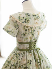 Summer Floral Print Dress Green Elegant One Piece