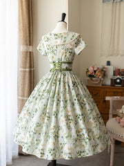 Summer Floral Print Dress Green Elegant One Piece