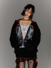 Y2K Black Distressed Holes Pin Accents Graphic Hoodie Faux Two-pieces