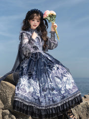 Angel Print Dark Blue High Waist Lolita Jumper Skirt with Overlay Full Set