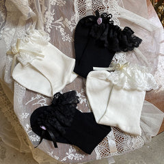 White/Black Lolita Lace Trim Cotton Socks with Rose Bow Decoration
