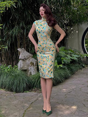 Vintage Light Yellow Floral Pattern Cheongsam Style Vintage Qipao Dress