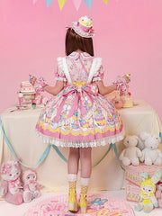 Yellow & Pink Bunny and Cupcake Print Peter Pan Collar Maid Lolita Dress