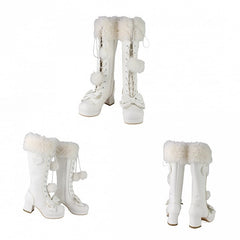 White Sweet Lolita Knee-High Boots - Plush Top Cuff with Bow Embellishments & Lace+Zip System