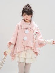 Pink Bow Collar Cape with Pompons and Cat Plushie