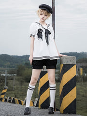 White Sailor Collar Short Sleeves Shirt and Black Shorts