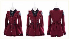 Red Jirai Kei Long Sleeves Outfit - Cold Shoulder Top with Ruffle Hem Shorts, Alternative J-Fashion