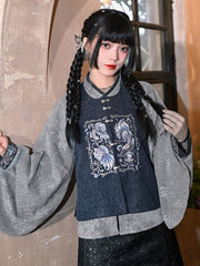 Navy Blue Chinese Style Square Neck Vest - Beaded Buttons with Goldfish Embroidery