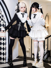 White Ruffle Neckline Cross Charm Lace-up Straps Black Gothic Lolita Dress