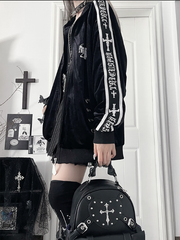 Gothic Black Velvet Tracksuit Jacketwith Sleeve Tape Text&Back Cross Print