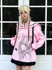 Black/Pink Sailor Collar Sweatshirt with Manga Girl Print and Ribbon Bow Back - Jirai Kei Style