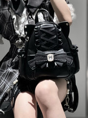 Jirai Kei Black Cat Ear Backpack With Beaded and Rhinestone Bow