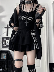 Punk Black Multi-Layer Ruffle Skirt with White Cross & Font Side Stripes