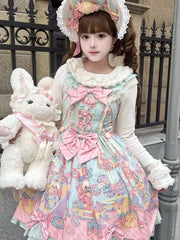 White Long-Sleeve Lolita Top with Plush Cuffs and Bow Details